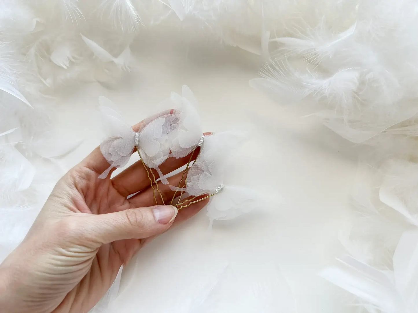 Set «Flower Girl» | 3 forcine in organza di seta | farfalle bianche | Fatto a mano