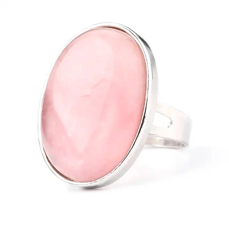Anello regolabile | Ottone placcato argento | Quarzo rosa | Grande