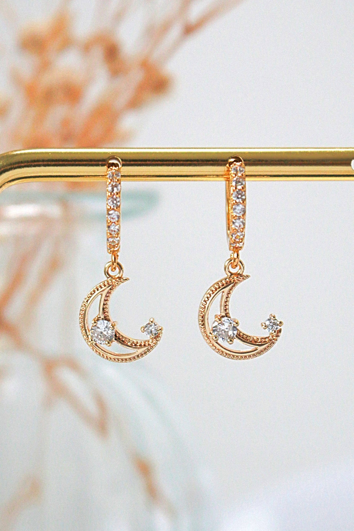 Moonlight | Hoop Earrings | Cubic Zirconia Moon | 24K | Handmade