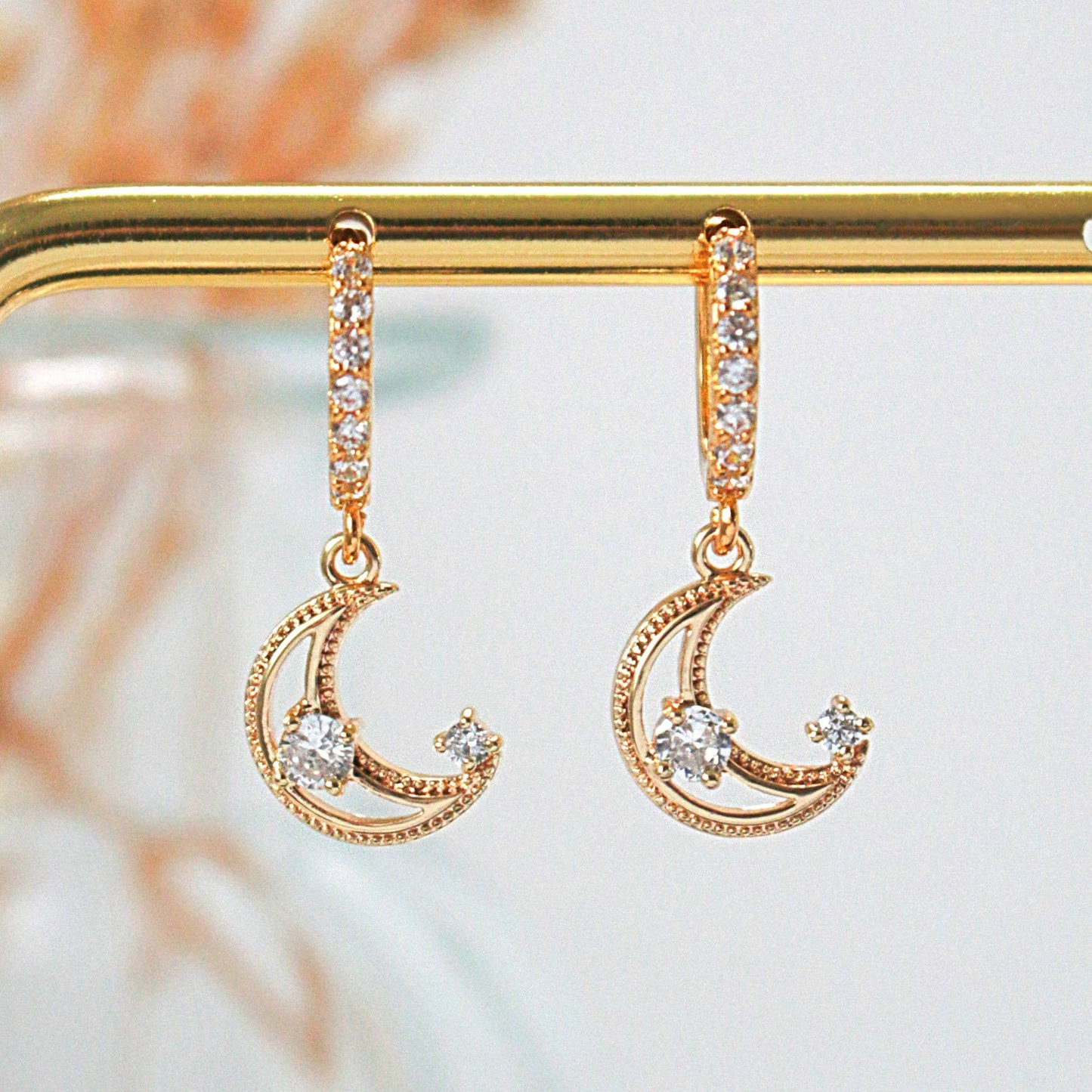 Moonlight | Hoop Earrings | Cubic Zirconia Moon | 24K | Handmade