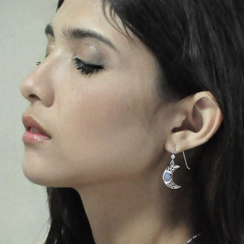 Orecchini a Mezzaluna con Nodo Celtico | Argento Sterling | Pietra di Luna Arcobaleno