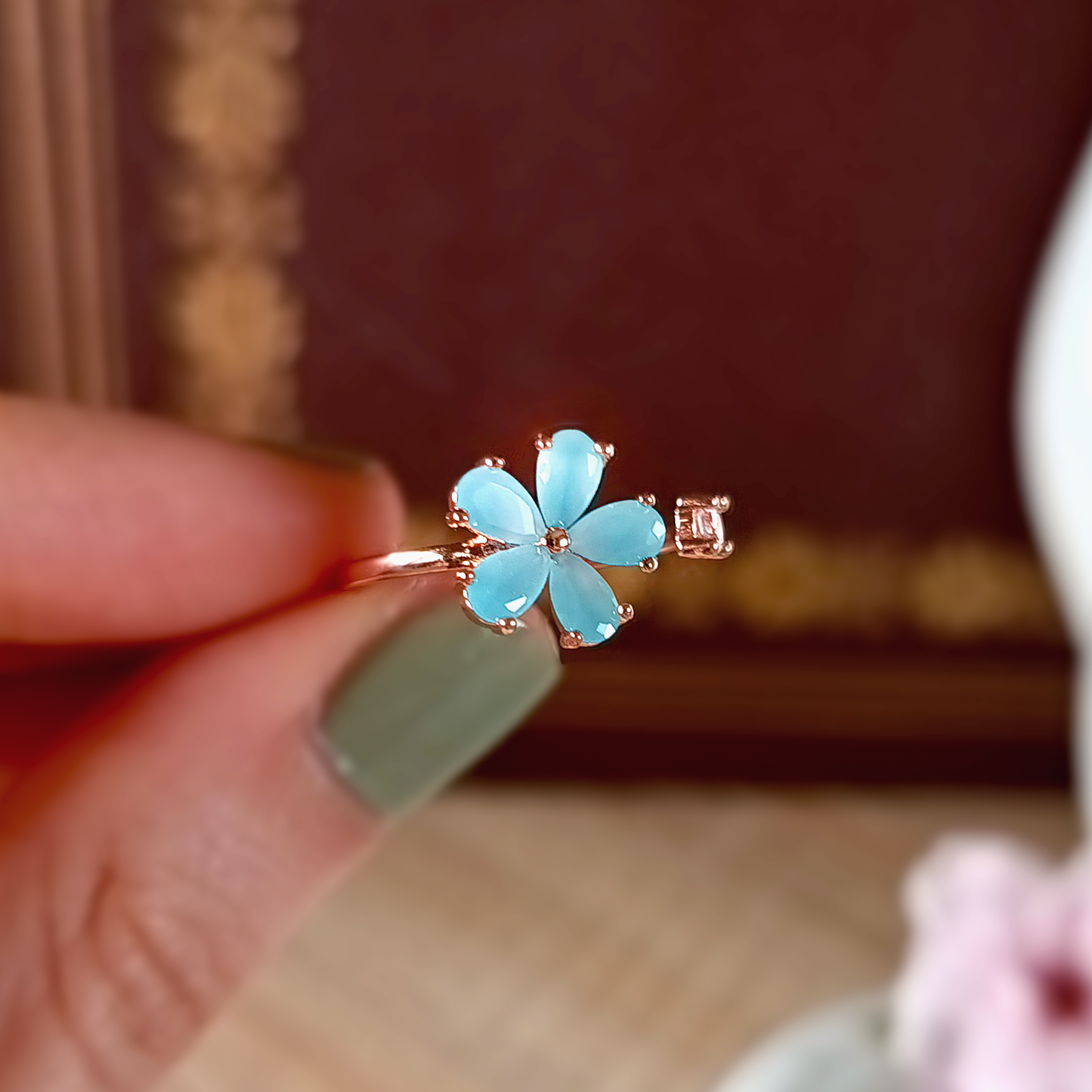 Anello Secret Garden | Petali Zirconi | Fiore Azzurro | Placcato Oro Rosa