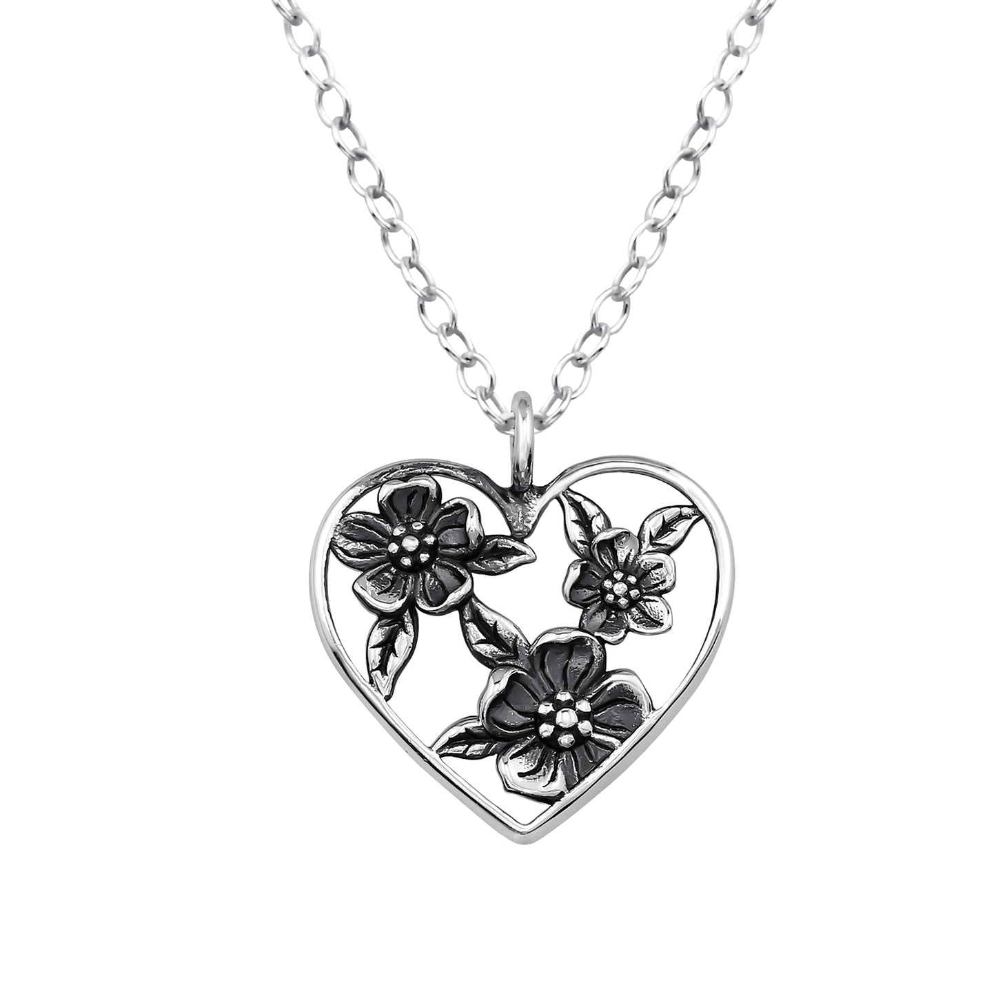 Fiorincanto | Collana Cuore di fiori | Argento Sterling 925 | Placcato Argento + Ossidato + E-coat