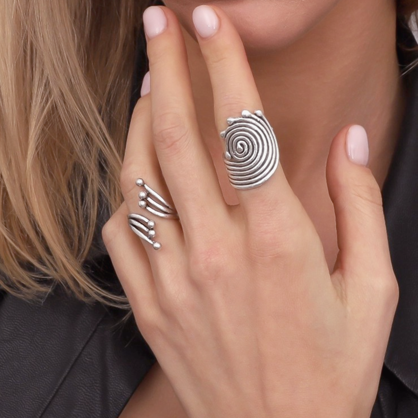 Faewind Spiral | Set di due anelli | spirale | Ottone placcato argento