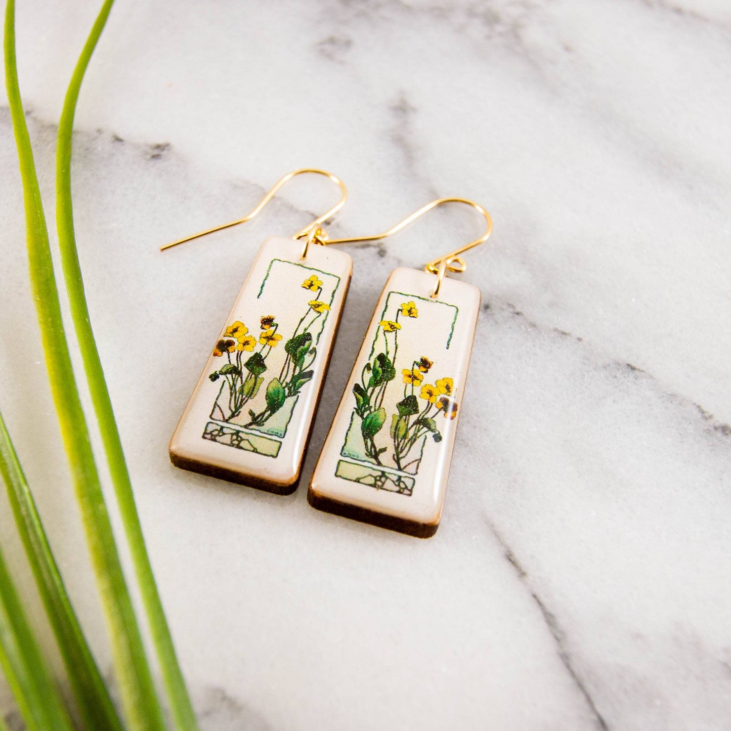 Orecchini rettangolari floreali | Art Déco | Viola del pensiero