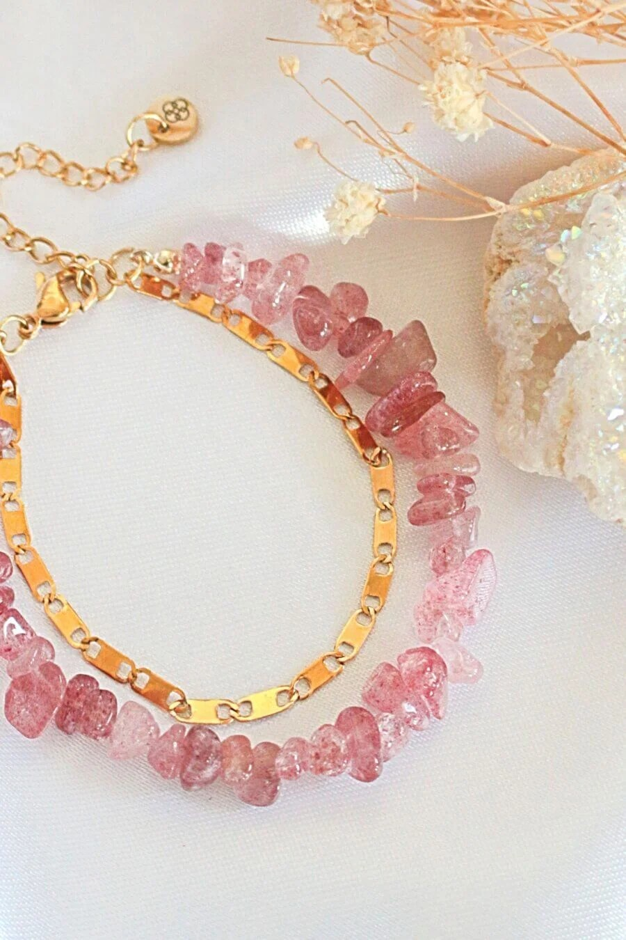 “Waikiki” | Bracciale a doppio strato con quarzo fragola e oro 24K | Fatto a mano