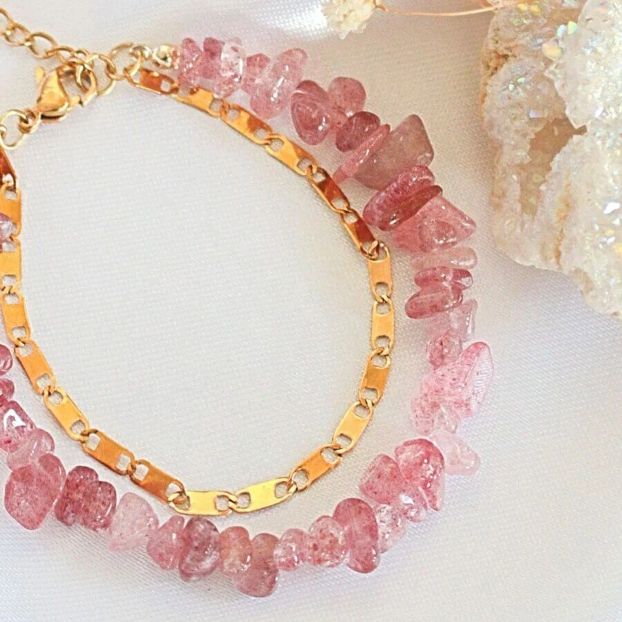 “Waikiki” | Bracciale a doppio strato con quarzo fragola e oro 24K | Fatto a mano