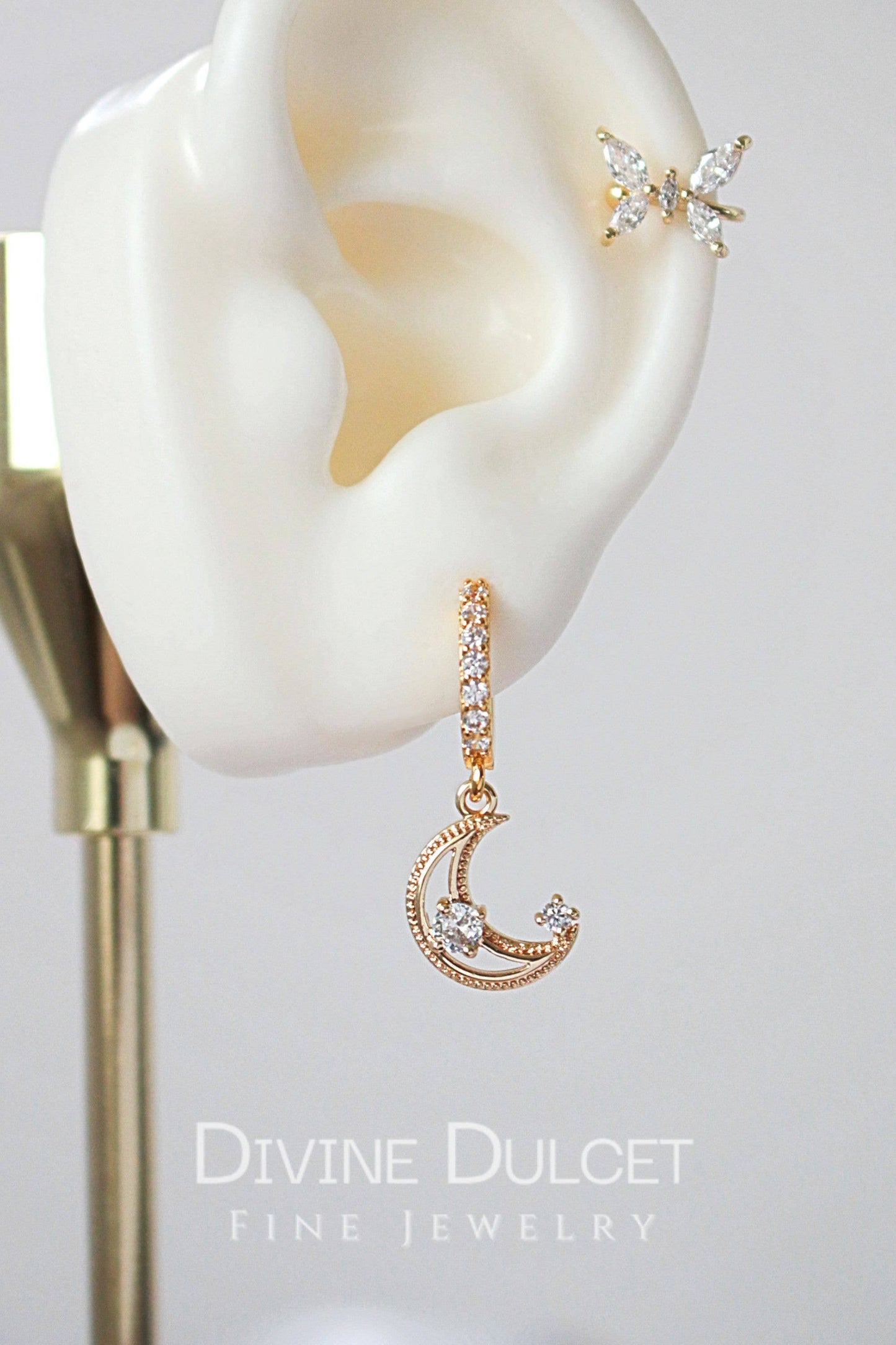 Moonlight | Hoop Earrings | Cubic Zirconia Moon | 24K | Handmade