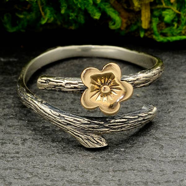 Anello fiore di Ciliegio | Bronzo e Argento Sterling Riciclato | Regolabile | FairTrade