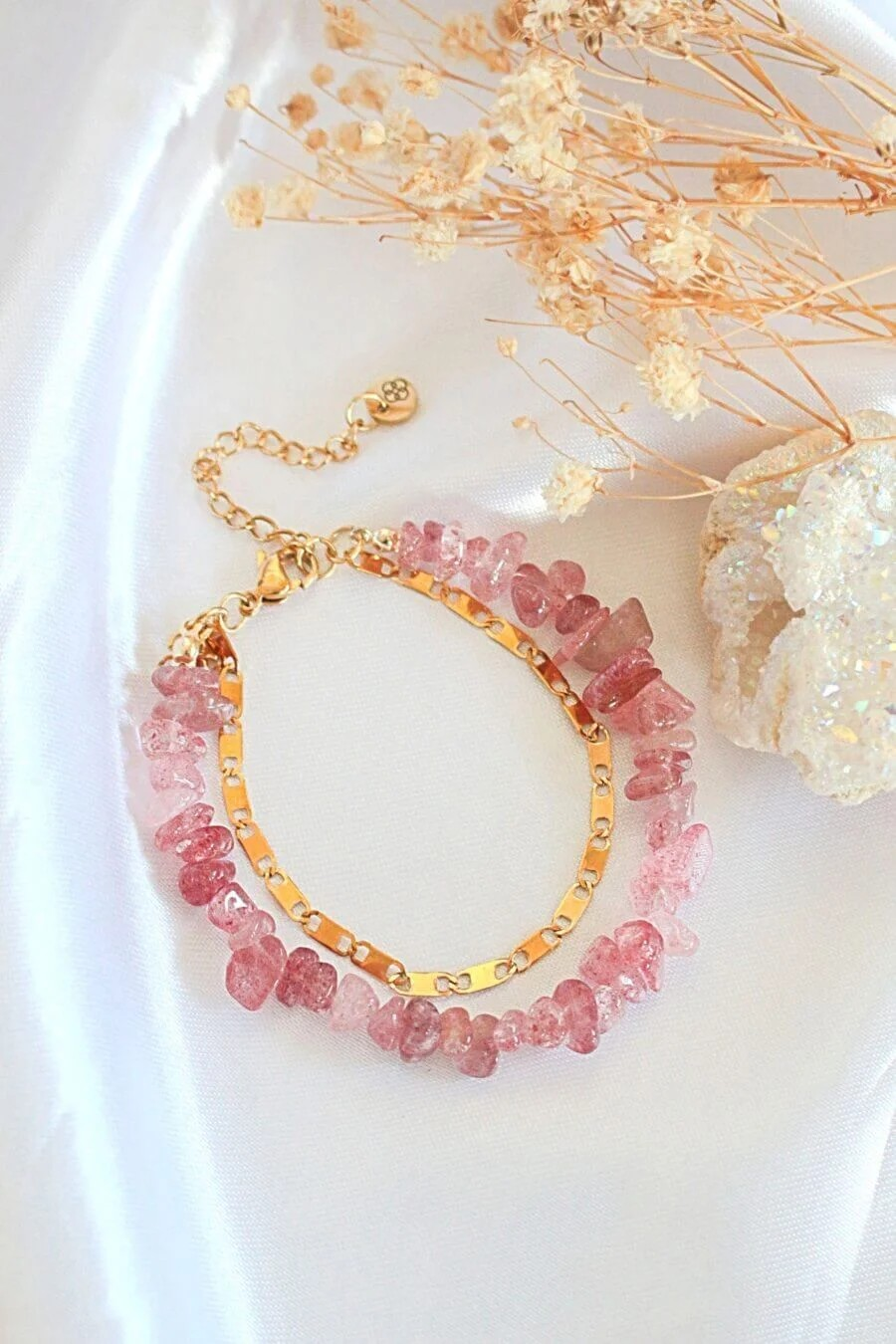 “Waikiki” | Bracciale a doppio strato con quarzo fragola e oro 24K | Fatto a mano