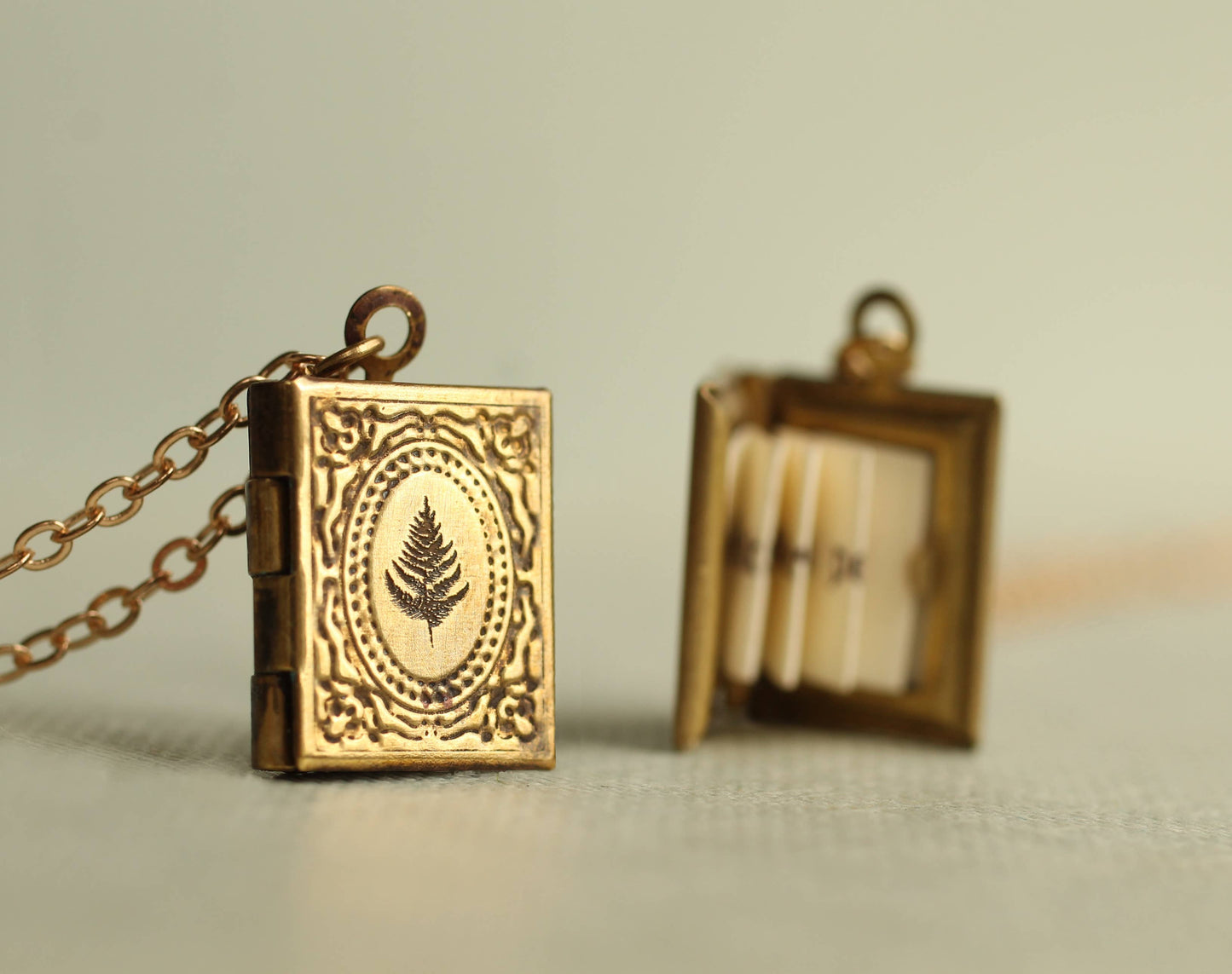 Collana Medaglione a libro | felce | Ottone | Vintage Style