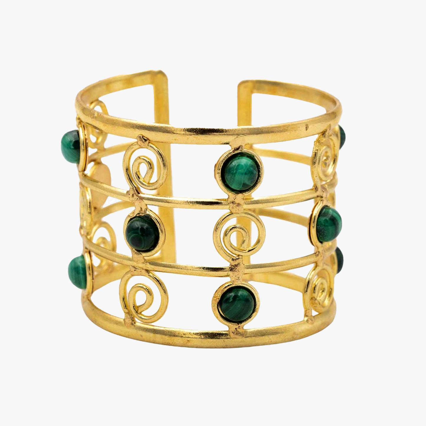 Bracciale malachite e spirali | Ottone | Regolabile