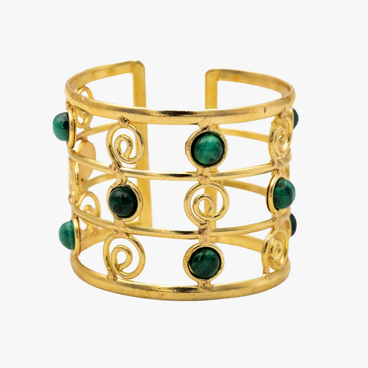 Bracciale malachite e spirali | Ottone | Regolabile