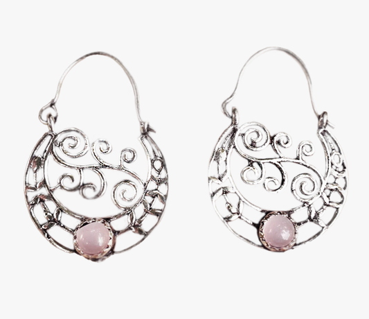 Orecchini a cerchio | quarzo rosa e argento | Fatto a mano