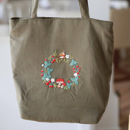 Fragolina | Borsa Tote in Lino Verde Oliva con Ricamo | Cerniera e foderata | Fatto a Mano