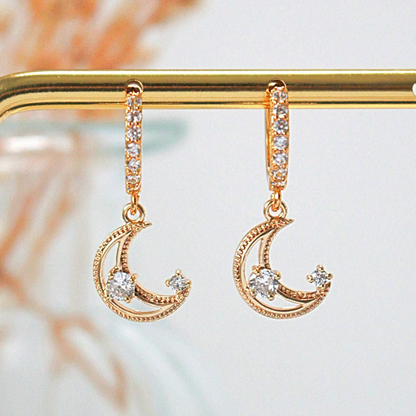 Moonlight | Hoop Earrings | Cubic Zirconia Moon | 24K | Handmade