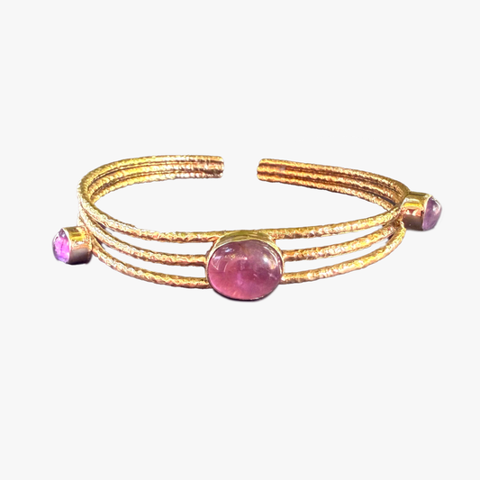 Bracciale in Ottone Martellato con Ametista | Regolabile | Artigianale