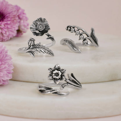 Anelli con Fiori di Nascita Regolabili: Luxe Silver Plate / Maggio - Mughetto