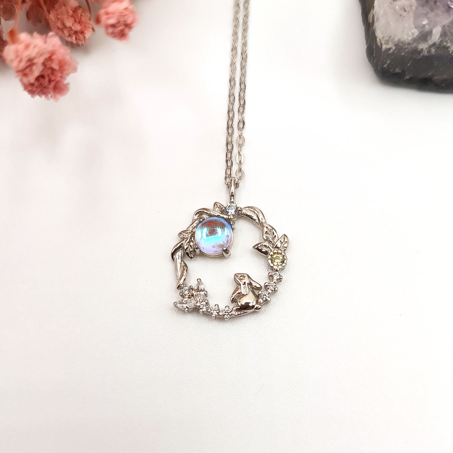 Moon Bunny Necklace | Zirconia | Sterling Silver | Moonstone