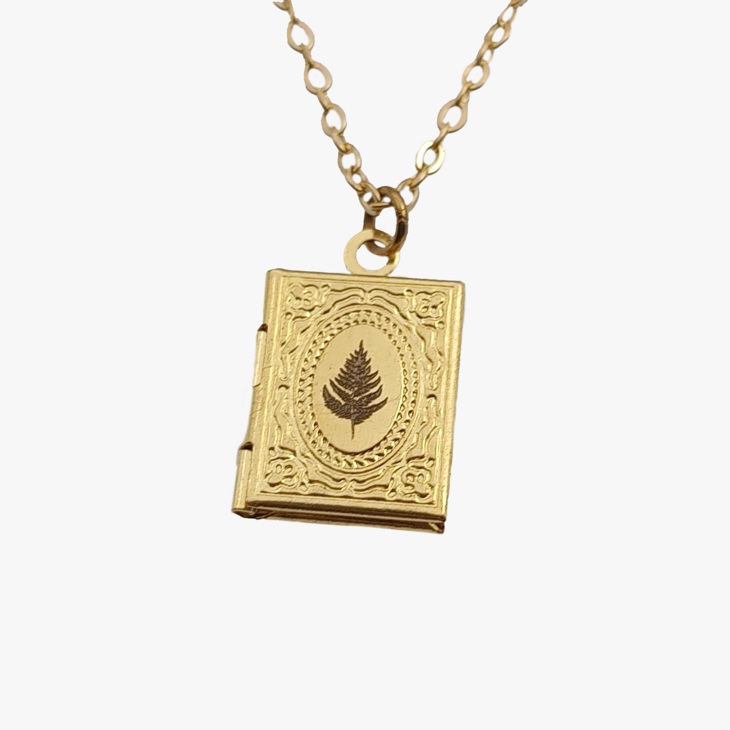 Collana Medaglione a libro | felce | Ottone | Vintage Style