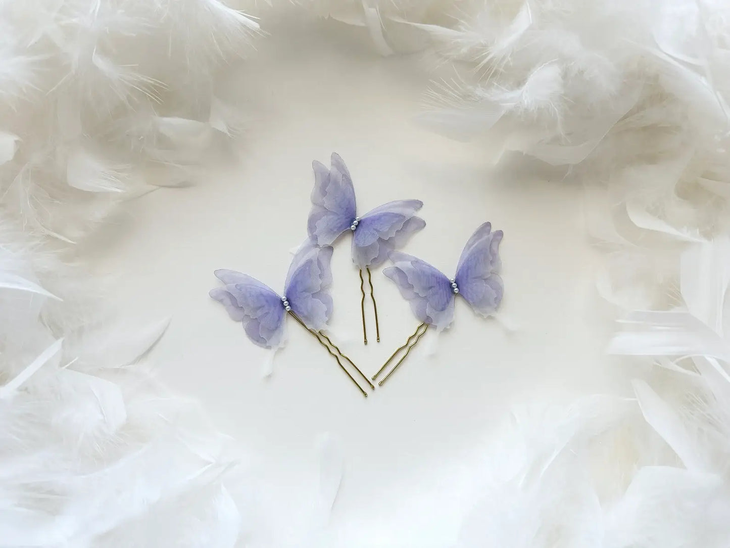 Set: «Flower Girl» di 3 forcine a forma di farfalla in organza di seta