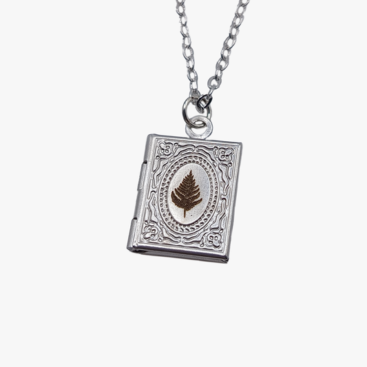 Collana Medaglione a libro | Felce | Ottone Argentato