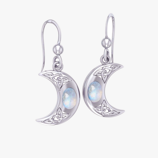 Orecchini a Mezzaluna con Nodo Celtico | Argento Sterling | Pietra di Luna Arcobaleno