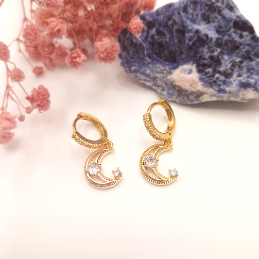 Moonlight | Hoop Earrings | Cubic Zirconia Moon | 24K | Handmade