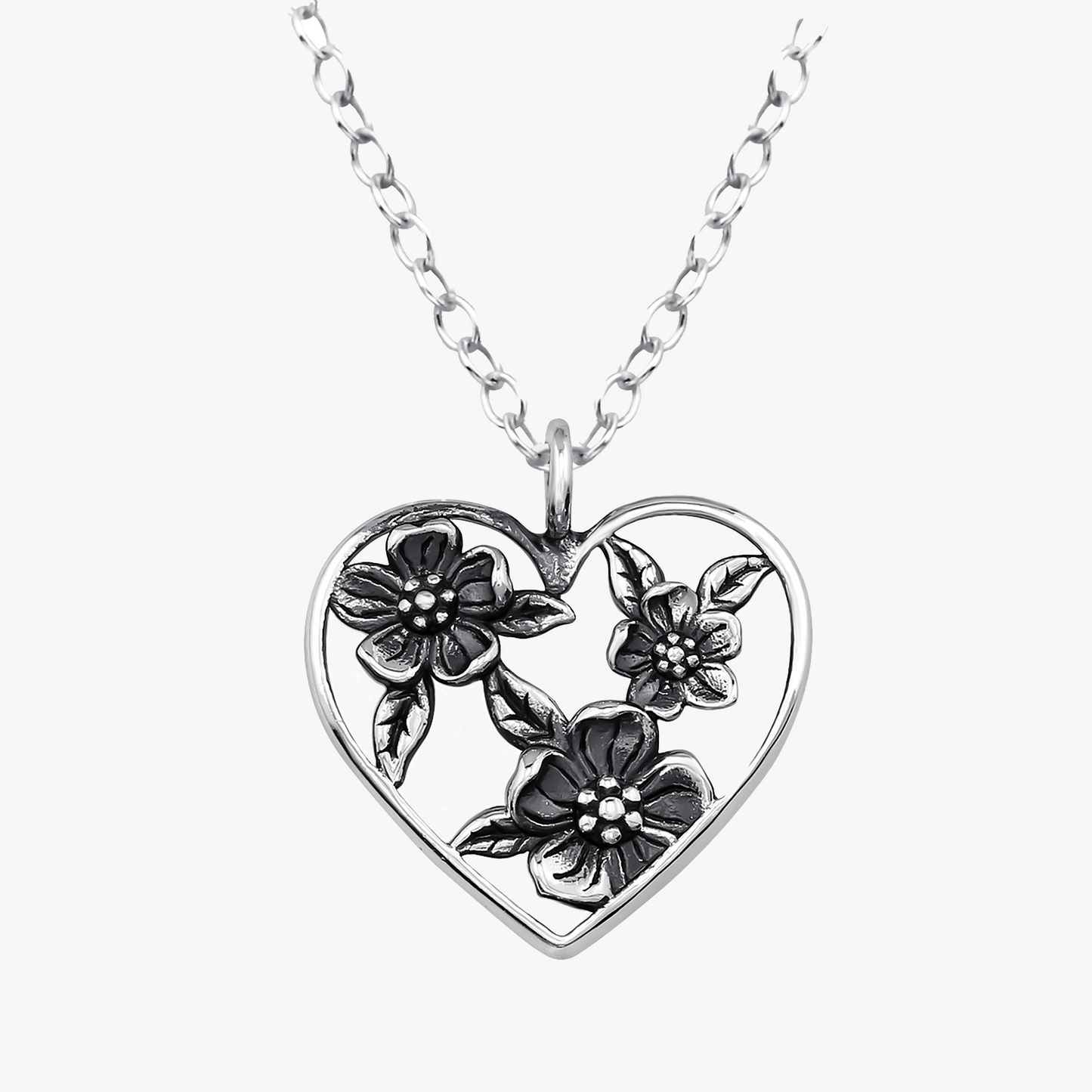 Fiorincanto | Collana Cuore di fiori | Argento Sterling 925 | Placcato Argento + Ossidato + E-coat