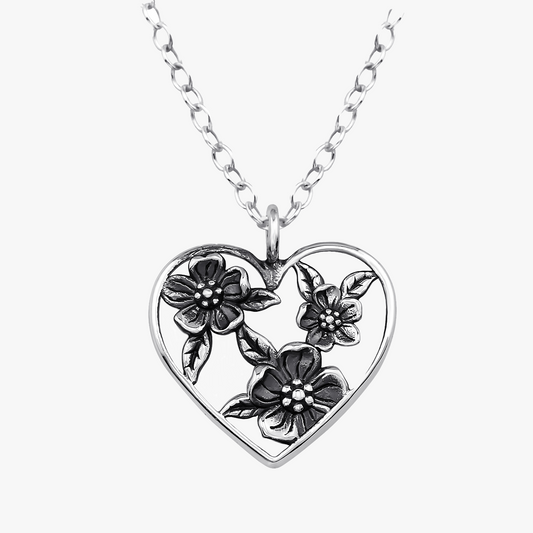 Fiorincanto | Collana Cuore di fiori | Argento Sterling 925 | Placcato Argento + Ossidato + E-coat