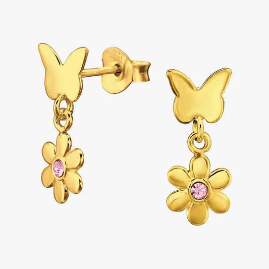 Nymfaura | Orecchini Fiori e farfalle | Argento Sterling 925 | Placcato oro + E-coat