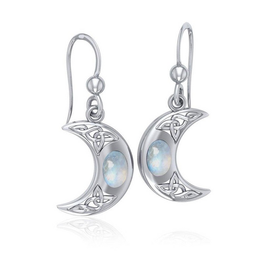 Orecchini a Mezzaluna con Nodo Celtico | Argento Sterling | Pietra di Luna Arcobaleno