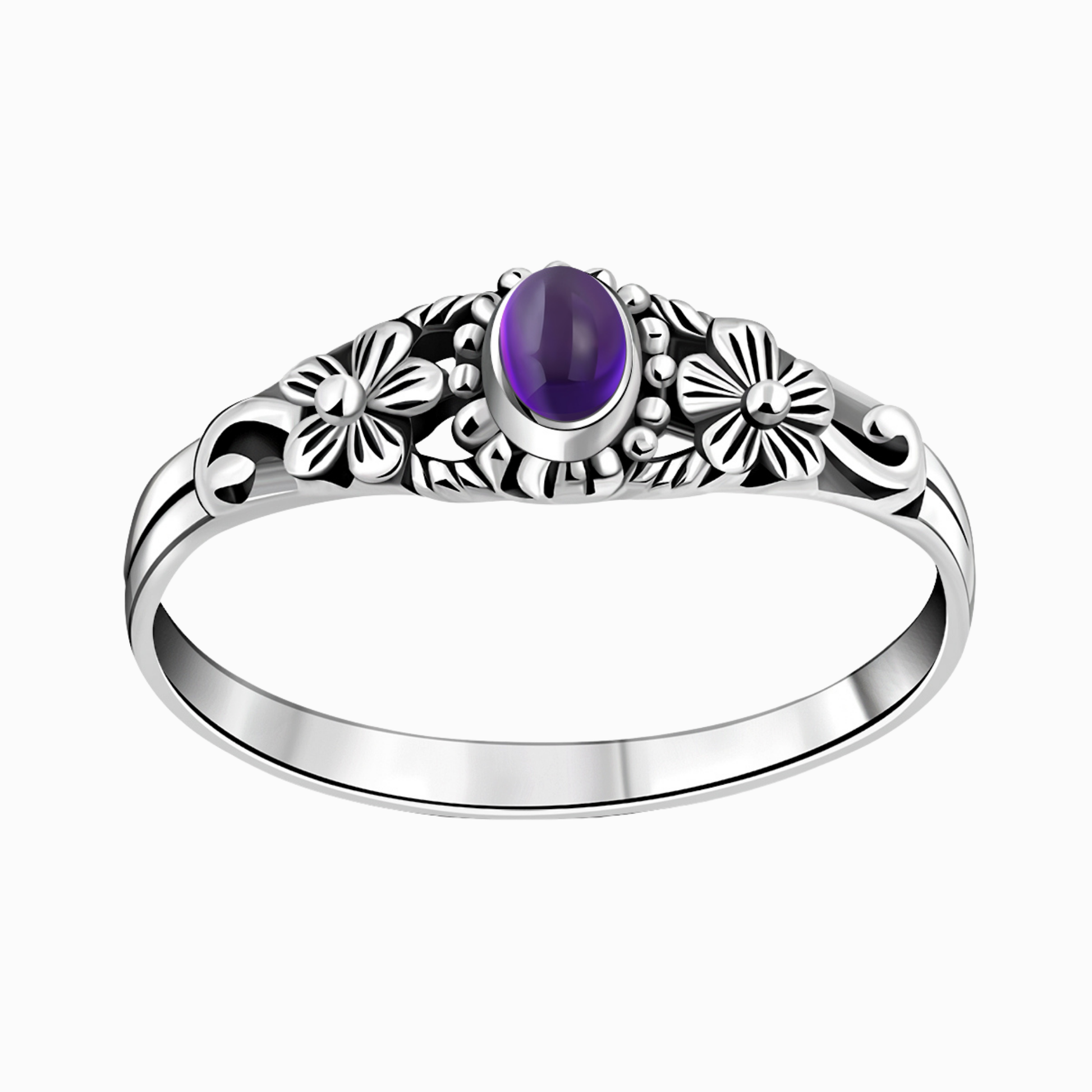 Anello ametista naturale viola in argento 925 stile floreale