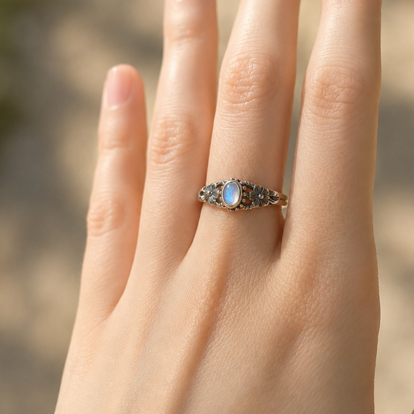 Anello botanico in argento sterling 925 con pietra di luna iridescente