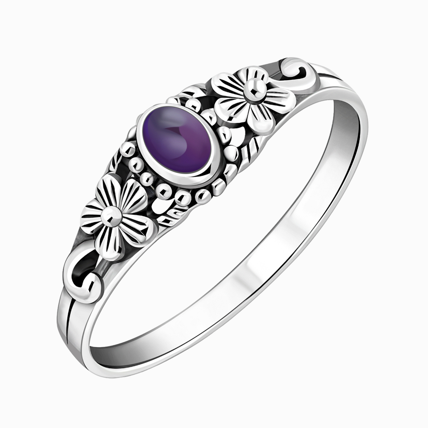 Anello in argento 925 con ametista centrale e decorazioni floreali