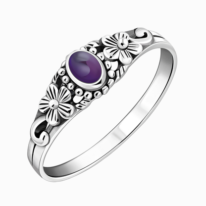 Anello in argento 925 con ametista centrale e decorazioni floreali