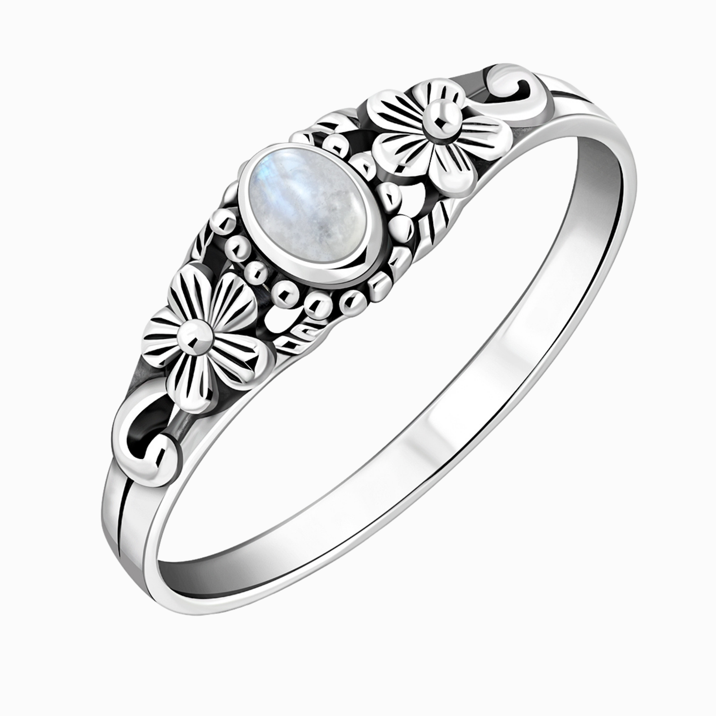 Anello pietra di luna arcobaleno con motivi floreali in argento 925