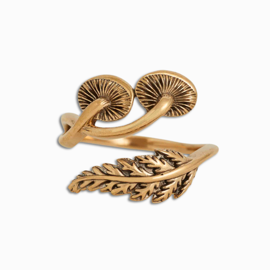 Anello sottobosco regolabile con Felce e funghetti in Bronzo