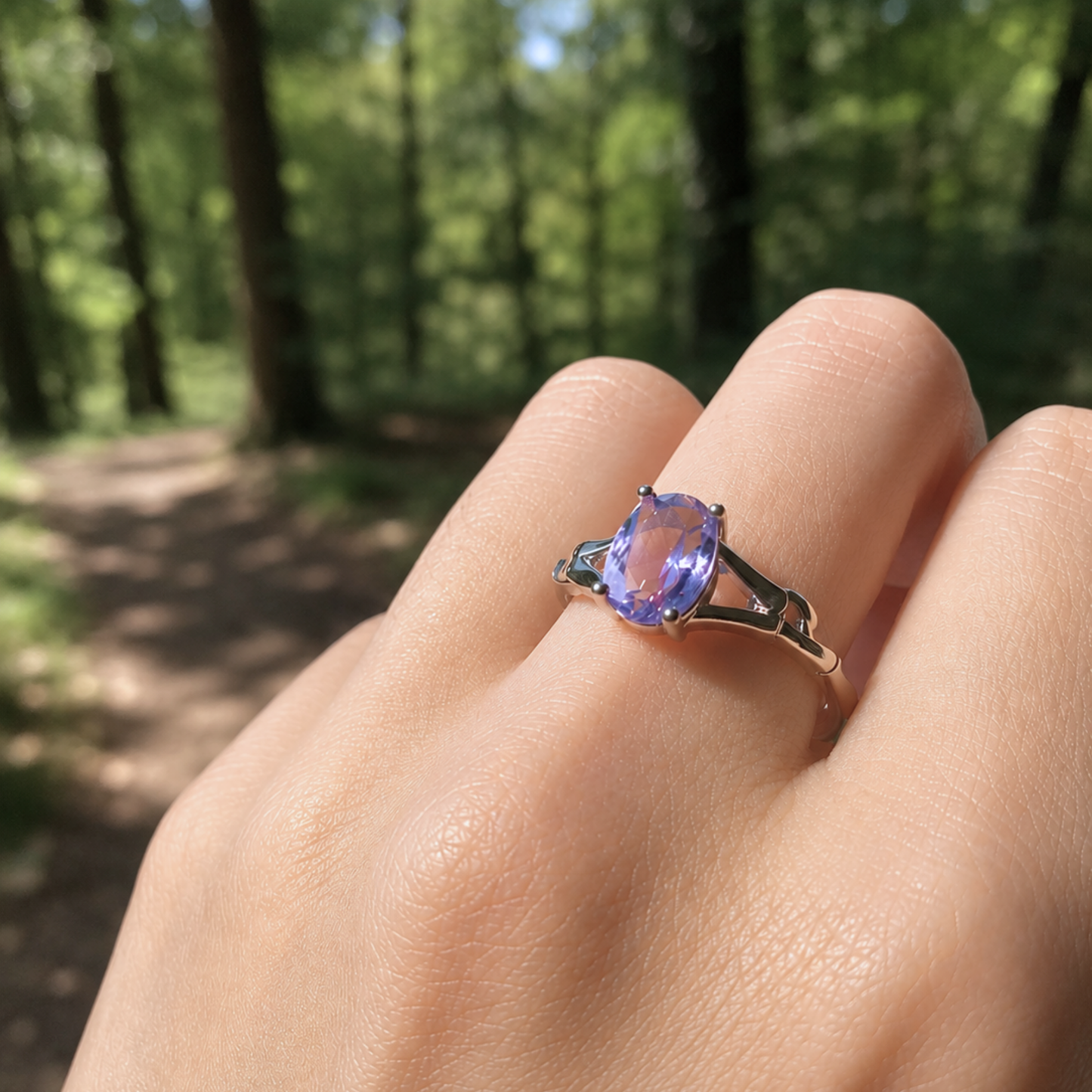 Anello regolabile in ametista naturale viola con montatura argentata