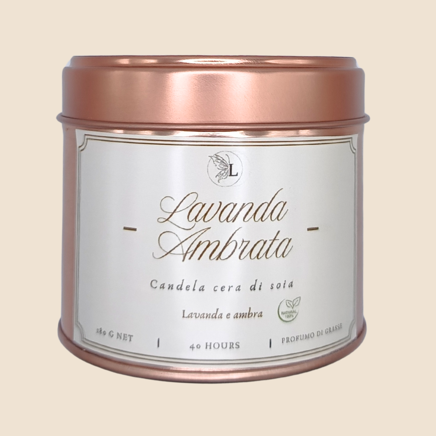 Candela in cera di soia con lavanda e note calde ambrate