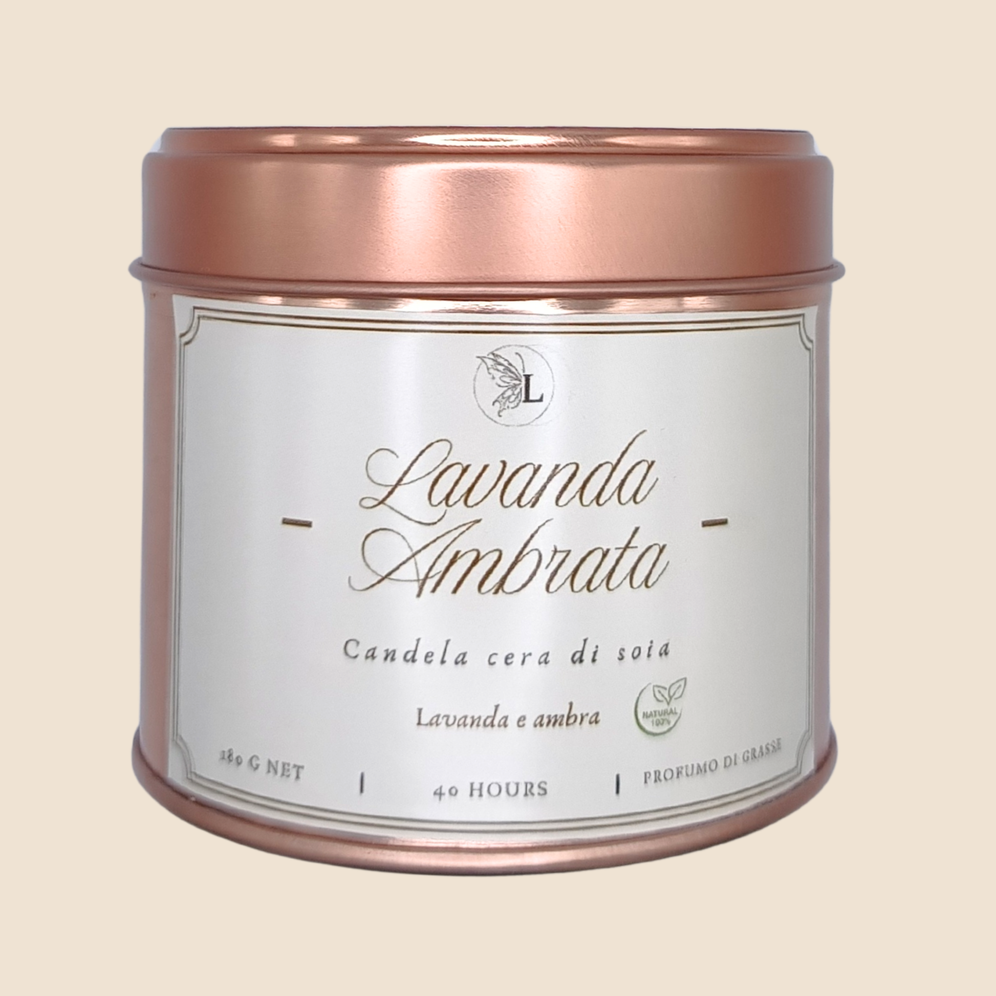 Candela in cera di soia con lavanda e note calde ambrate