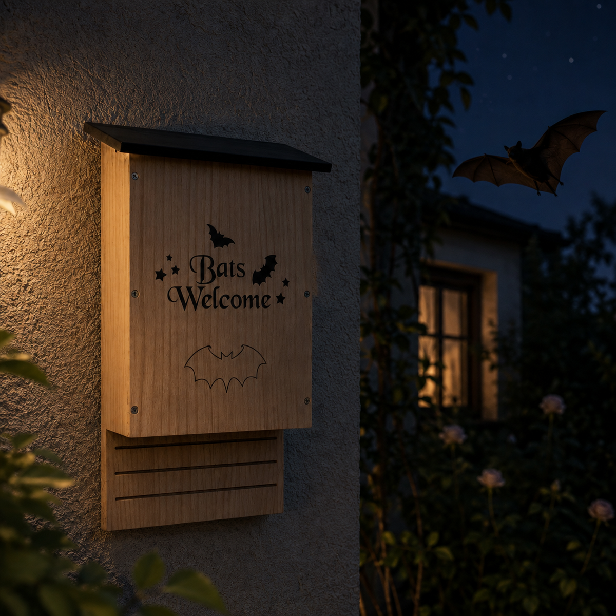 Casetta in legno per pipistrelli da esterno ambientata di notte