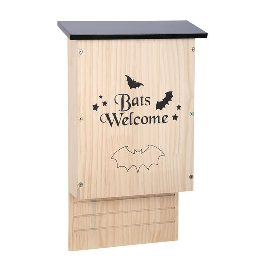 Casetta per pipistrelli in legno da esterno con scritta Bats Welcome