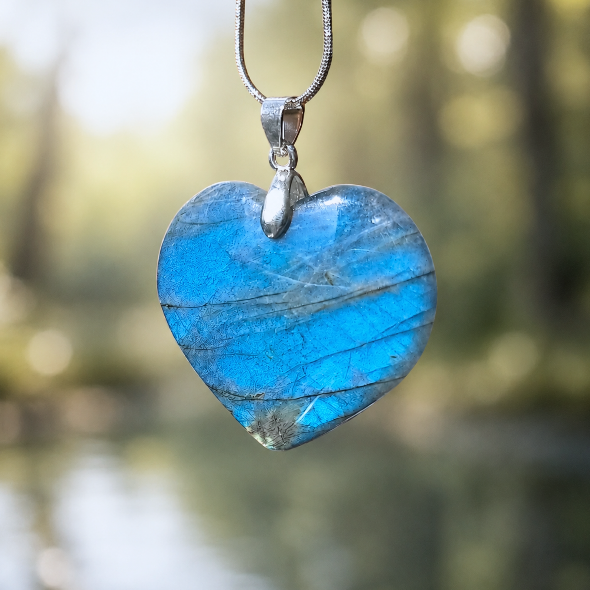 Ciondolo a cuore in labradorite naturale con riflessi blu e verdi