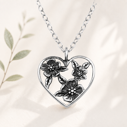 Fiorincanto | Collana Cuore di fiori | Argento Sterling 925 | Placcato Argento + Ossidato + E-coat