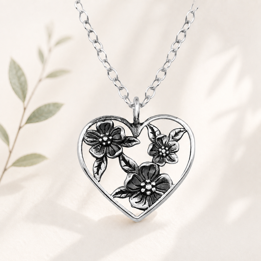 Fiorincanto | Collana Cuore di fiori | Argento Sterling 925 | Placcato Argento + Ossidato + E-coat
