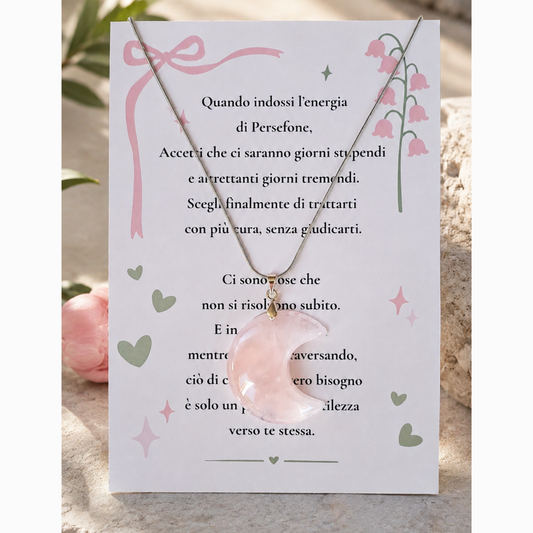 Ciondolo mezzaluna in quarzo rosa naturale con card Luna di Persefone