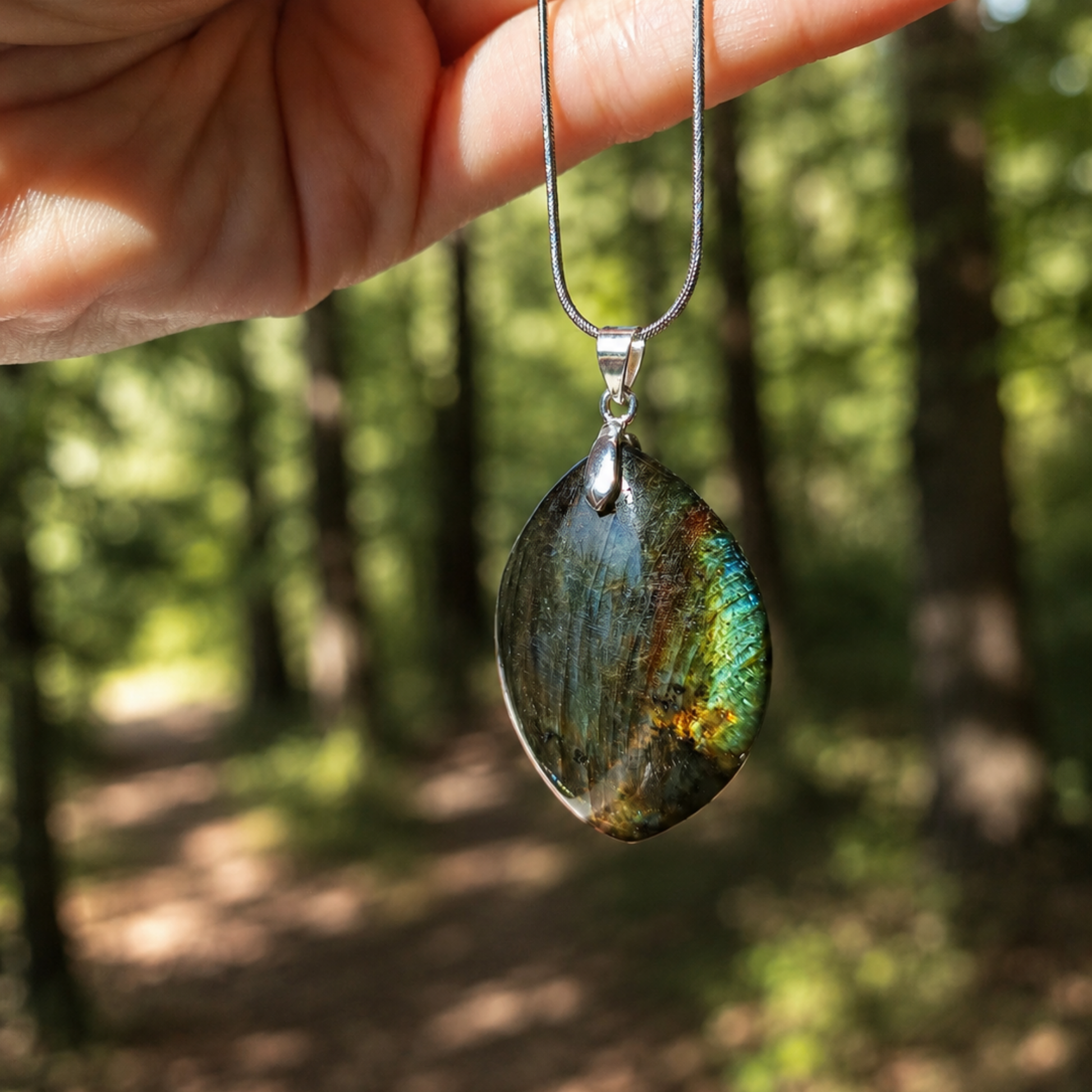 Collana con labradorite nera naturale marquise e riflessi iridescenti
