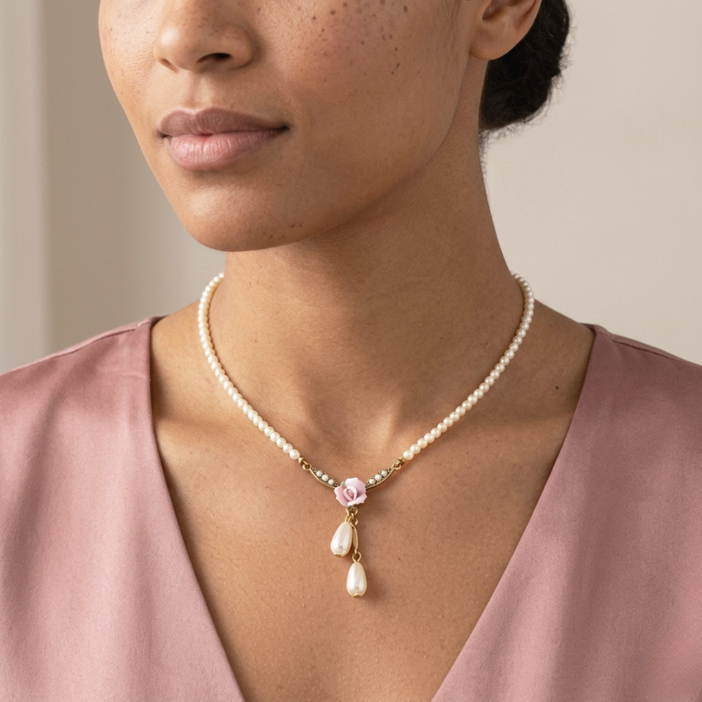 Rosalith | Collana in porcellana con ciondolo a forma di rosa e perla sintetica da 3 mm