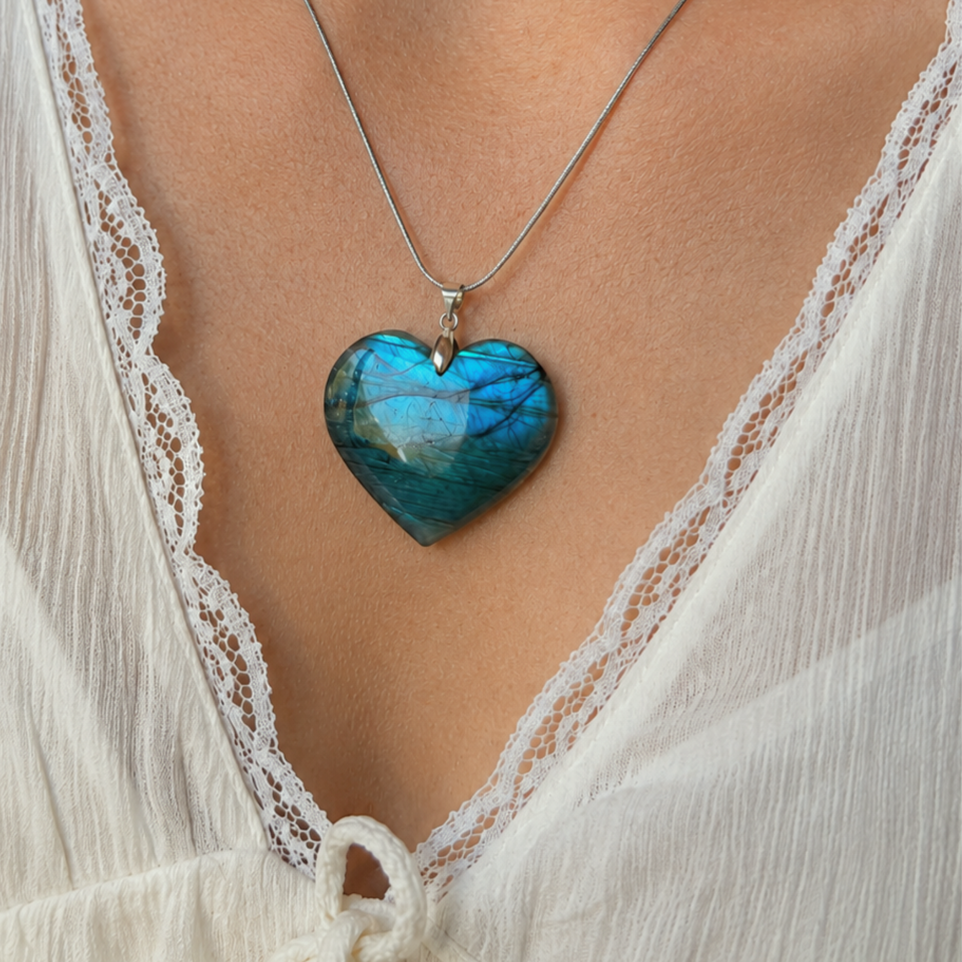 Collana cuore in labradorite naturale indossata con catena in acciaio inox